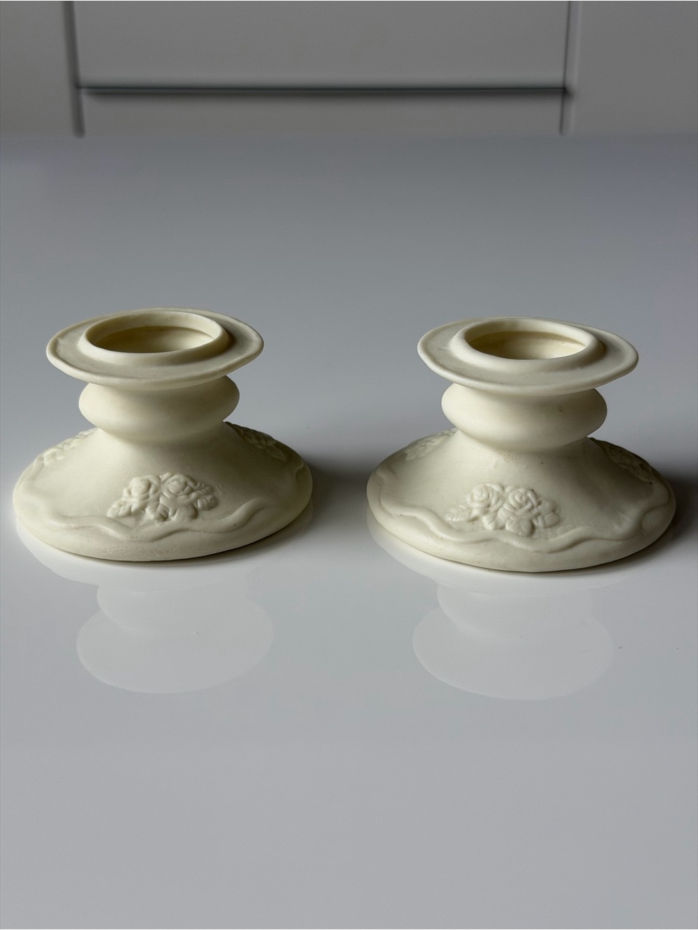 Vintage Matte Ceramic Ivory Floral Candle Holders - Set of 2
